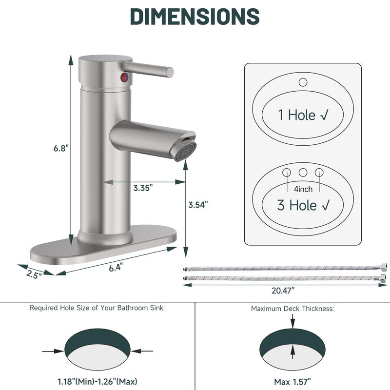 Green Spring Brushed Nickel Bathroom Faucets, Greenspring Single Handle One Hole Bathroom Sink Faucet, Water Saving Lavatory Vanity Sink Faucet with Cover Plate Commercial Mixer Tap Supply Line, Brass - Image 2